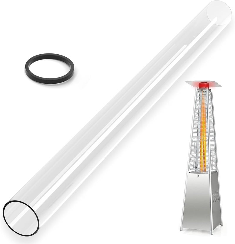 YEHERIT Patio Heater Glass Tube Replacement with Rubber Ring, 49.5″ Tall 4″ Diameter, Quartz Glass Tube Fit Four-Sided Pyramid Flame Outdoor Heaters Compatible with Hiland, Fire Sense - Image 1